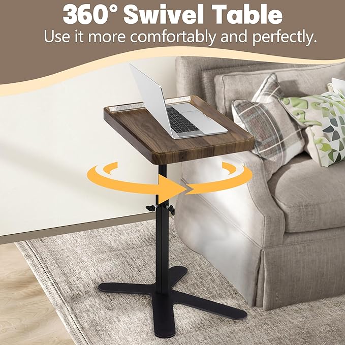 Aoligrace Walnut Side Table Adjustable Height, 360° Swivel C Shaped End Table - Image 5