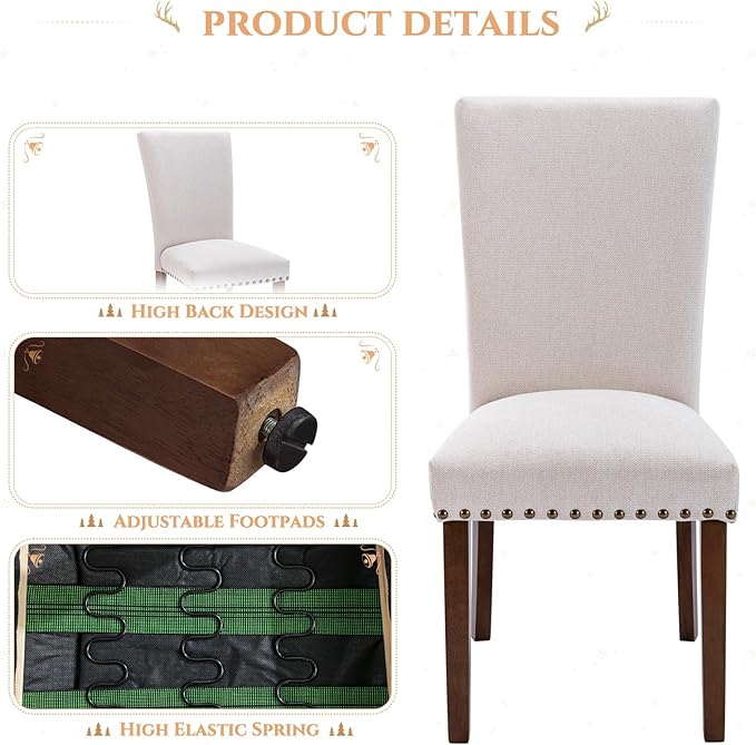 Set of 6 Beige Upholstered Dining Chairs, Farmhouse Kitchen Chairs - Image 4