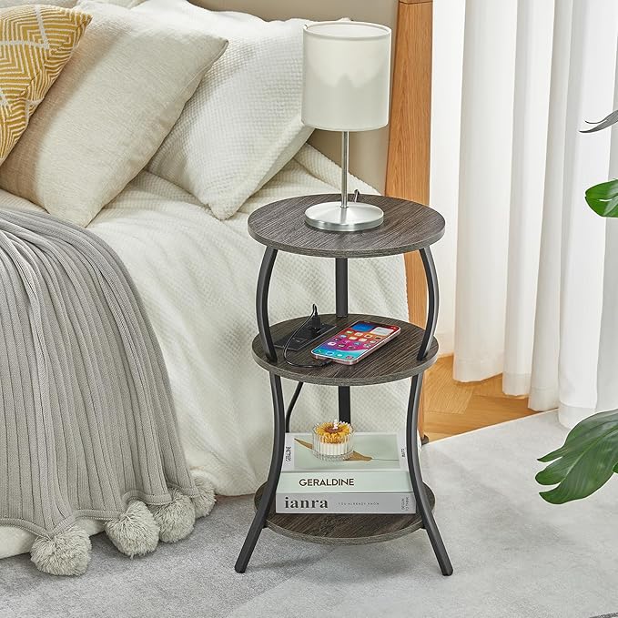 Small Round Side Table with Charging Station, 3-Tier Waist Circular End Table - Image 7
