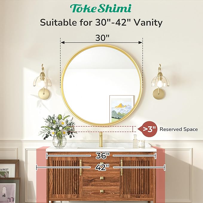 TokeShimi 30 in Round Framed Brushed Gold Mirror Bathroom Tempered, - Image 2