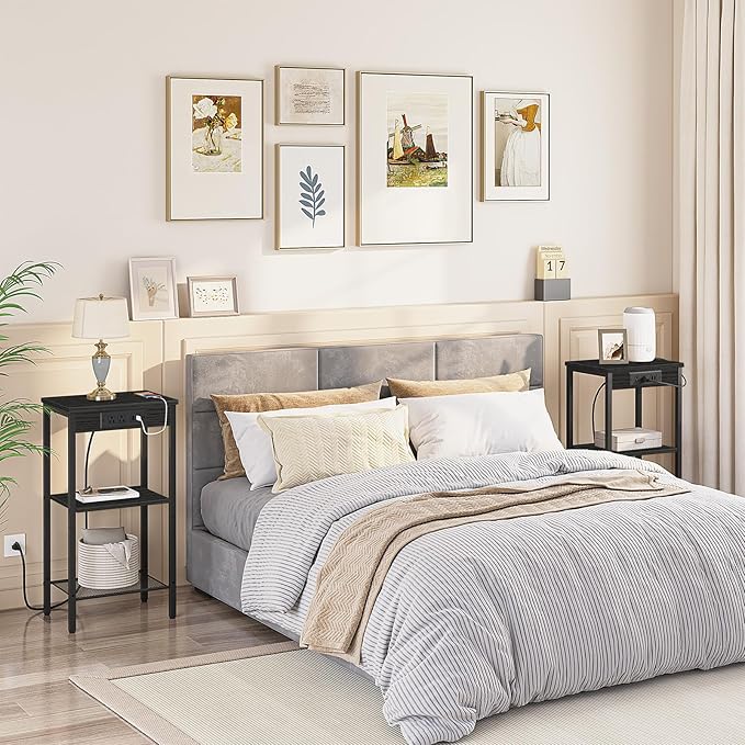 HOOBRO Tall End Table with Charging Station, 30 Inch Tall Nightstand, 3-Tier - Image 4