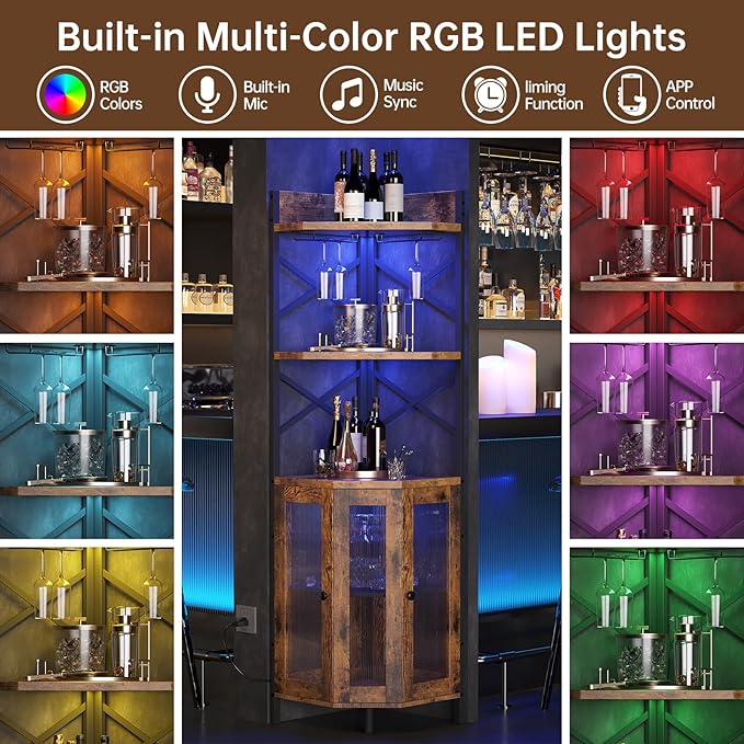 Corner Bar Cabinet with Power Outlet, 5-Tier Corner Wine Cabinet with Led Strip - Image 3