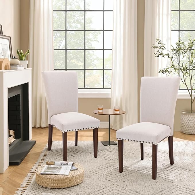 Set of 6 Beige Upholstered Dining Chairs, Farmhouse Kitchen Chairs - Image 5