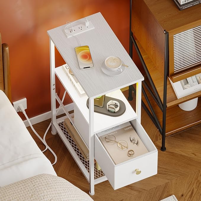 Fixwal Narrow Side Table with Charging Station and LED Light, Skinny Nightstand - Image 6