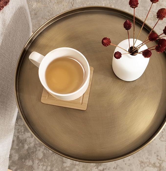 Kate and Laurel Tira Elegant Round Side Table, 14 x 24, Brass and Walnut Brown - Image 5