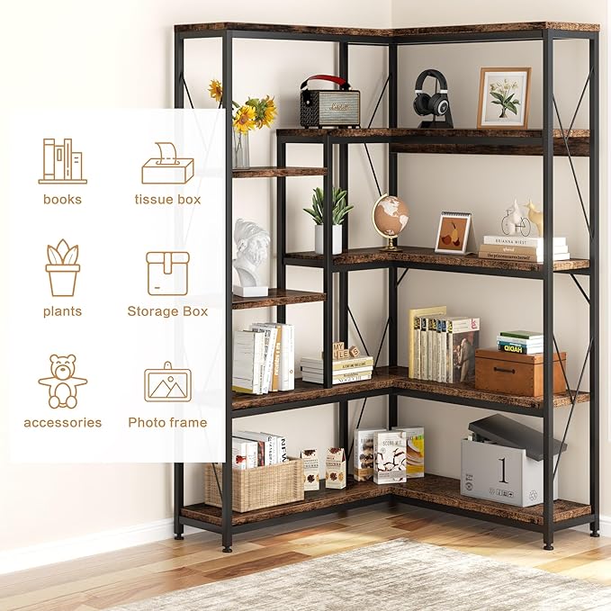 Shintenchi 5 Tiers Corner Bookshelf, 70.86" Tall L-Shaped Bookcase, Large - Image 7