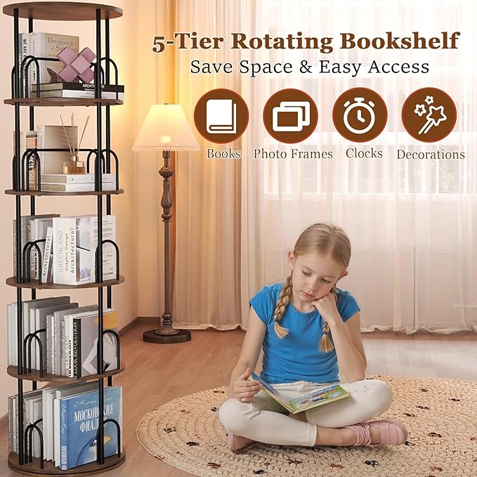 5-Tier Rotating Bookshelf, 360° Round Spinning Book Shelf Tower, Tall Skinny - Image 3