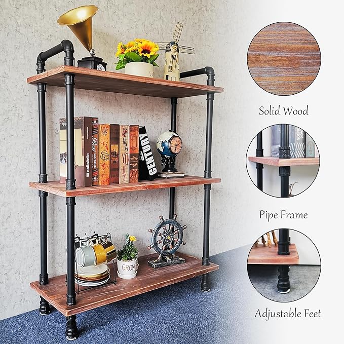 Industrial Bookshelf, 3 Tier Pipe Shelving, Industrial Pipe Shelf - Image 3