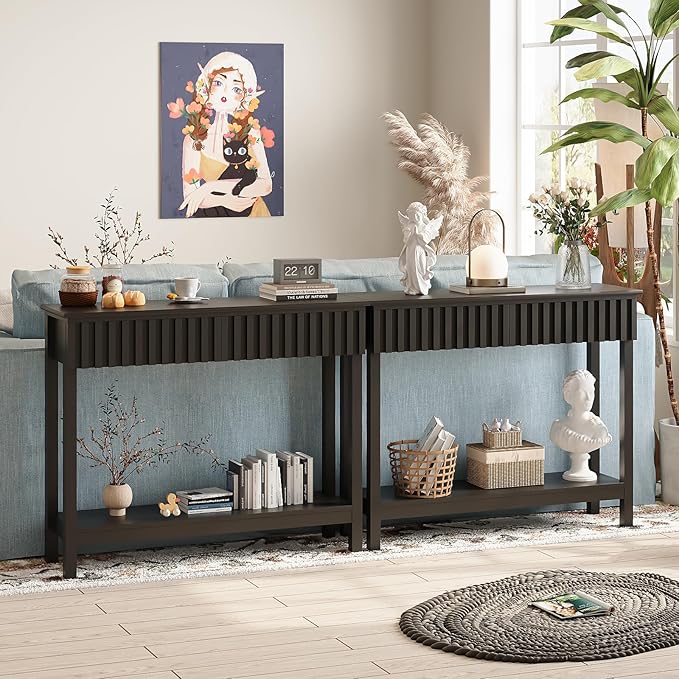 Fluted Console Table with 2 Drawers Narrow Sofa Table with Open Storage Shelf - Image 4