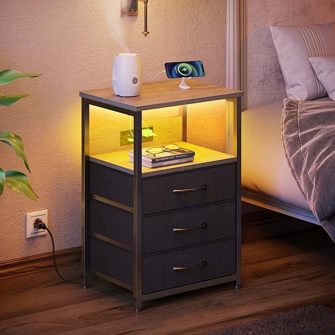 Seventable Nightstand with Charging Station and LED Light, Bedside End Table - Image 5