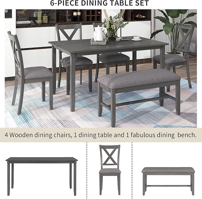Merax 6-Piece Kitchen Dining Table Set Wooden Rectangular Dining Table - Image 5