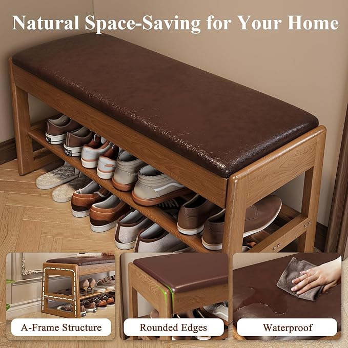 Shoe Rack Bench Seat Rubberwood 2-Tier Wooden Storage Bench 550lbs Compact - Image 6