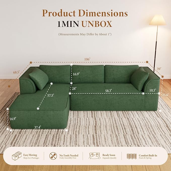 Vesgantti 106" Cloud Couch Sectional Modular Sofa, Deep Seat Comfy Cloud Couch - Image 2