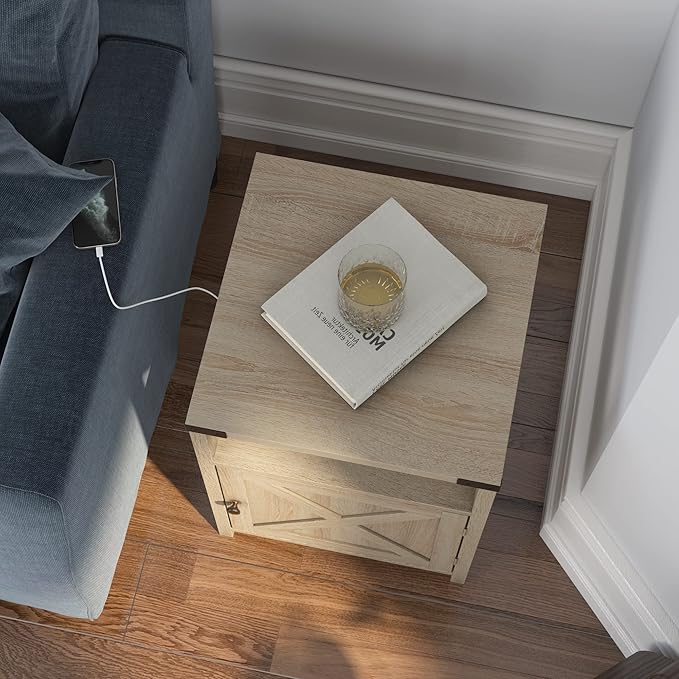 Farmhouse Nightstand with Charging Station, Rustic End Table Bedroom with - Image 5