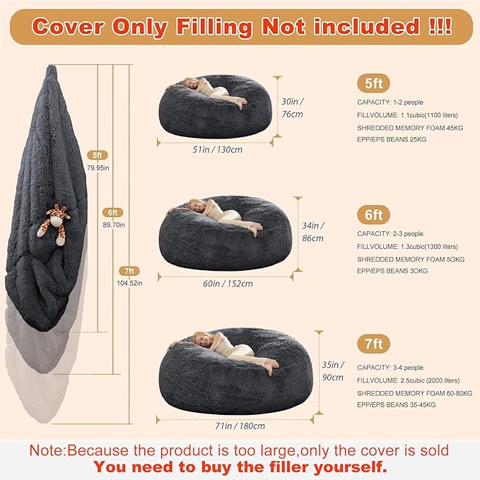 Bean Bag Cover, Faux Fur Comfy Bean Bag Chairs - Image 2