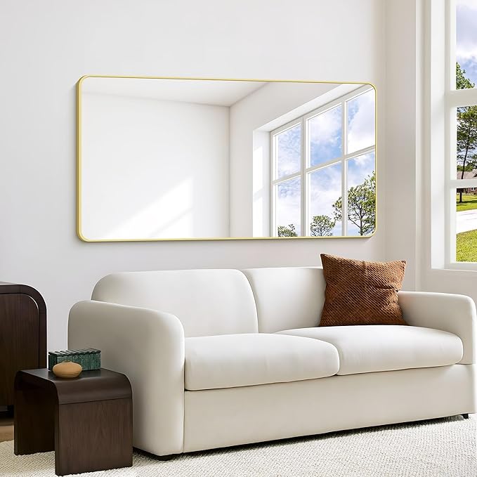 55x30 Inch Gold Bathroom Mirror, Metal Framed Gold Rectangle Mirrors, Rounded - Image 8