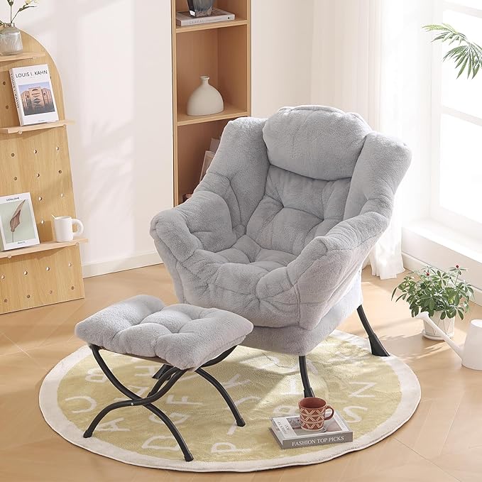 Lazy Chair with Ottoman, Modern Reading Chair with Folding Footrest, - Image 6
