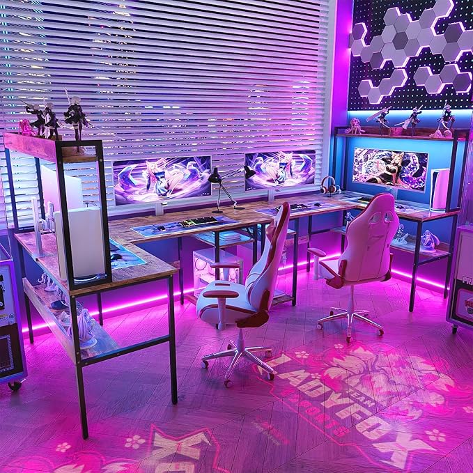 L Shaped Computer Desk with Hutch and Storage Shelves, Gaming Desk with LED - Image 7