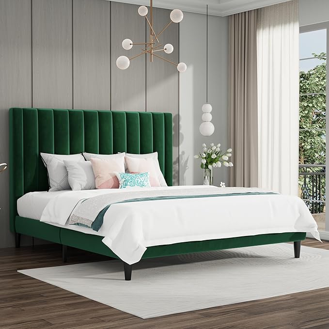 SHA CERLIN King Bed Frame/Velvet Upholstered Platform Bed Frame by SHACERLIN