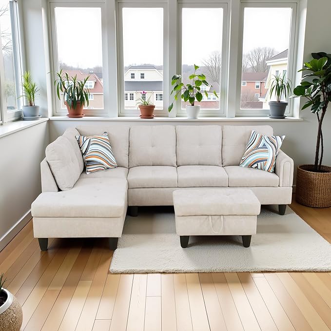L Shaped Couch Modern Sectional Couch Upholstered Fluffy Fabric 3 Pieces Sofas - Image 4