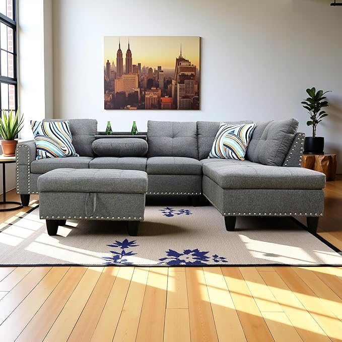 Couches for Living Room Modern L Shaped Couch Comfy Linen Fabric 3 Pieces by LynginsCreativeLife