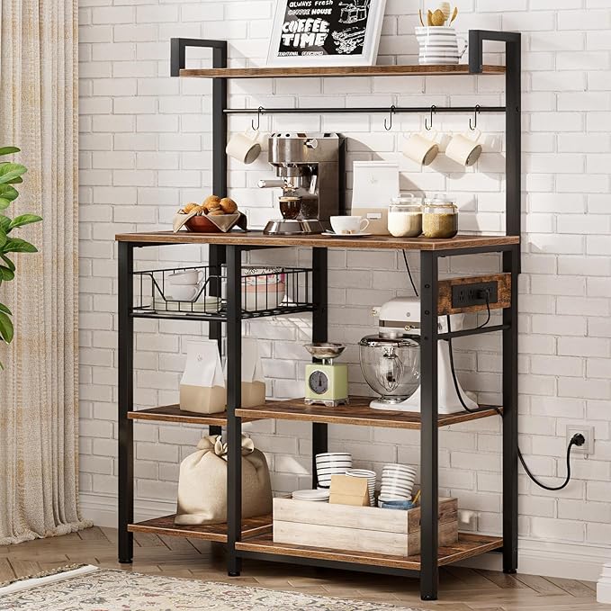 HOOBRO Bakers Rack with Power Outlet, 35.4 Inches Coffee Bar with Mesh Basket - Image 2