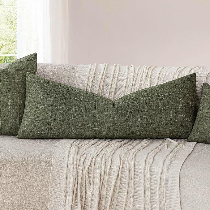 Foindtower Set of 2 Decorative Linen Check Throw Pillow Covers Neutral Long - Image 5