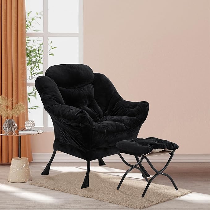 Lazy Chair with Folding Ottoman, Accent Chair Plush Upholstered with Metal - Image 2