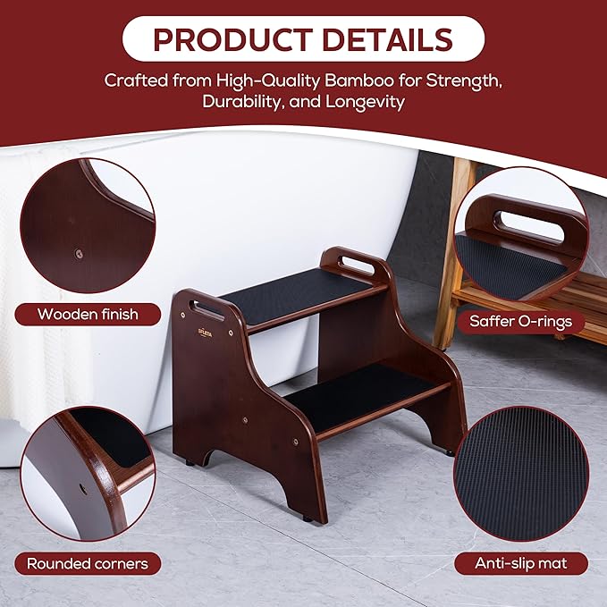2-Step Wooden Step Stool for Adults & Kids – Non-Slip Bed, and Closet Use – - Image 3