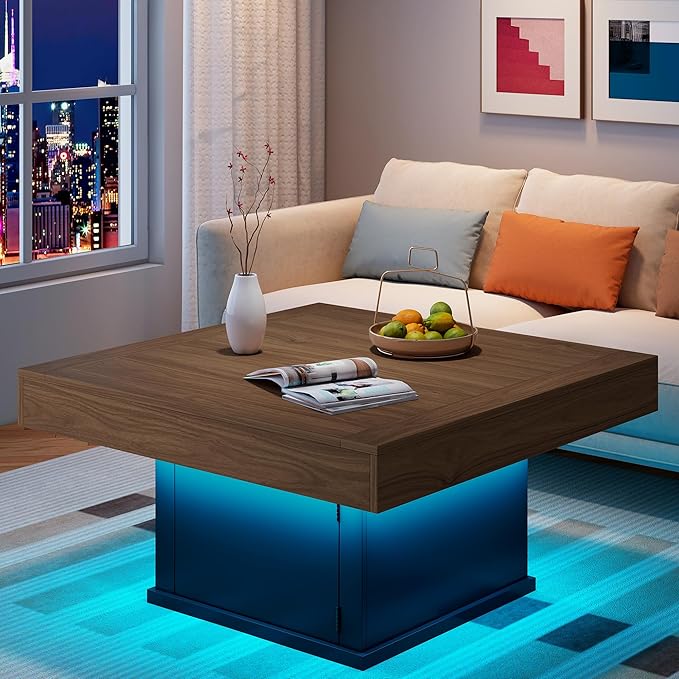 LED Coffee Tables for Living Room, Farmhouse Wood Coffee Table, 33.5" Square by KNOWORLD