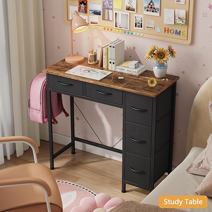 Small Desk with 5 Fabric Drawers, 33 Inch Computer Desk - Image 8