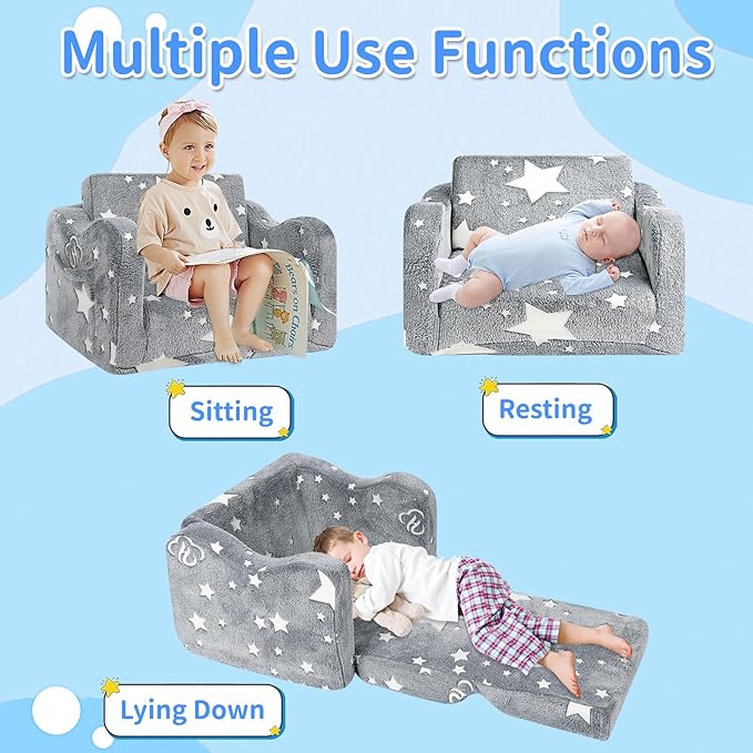 Kids Couch for Toddlers, 2-in-1 Kids Sofa Toddler Couch Chair Glow in The Dark - Image 7