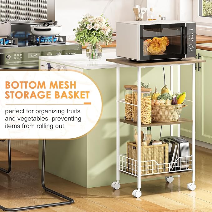 Microwave Cart with Storage, 3-Tier Rolling Kitchen Stand with Basket, Wood and - Image 2