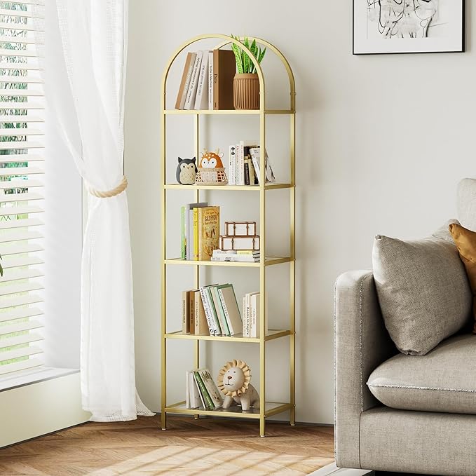 Homhedy Bookshelf Arched Display Racks, Metal Bookcase, Tempered Glass Shelves by Homhedy