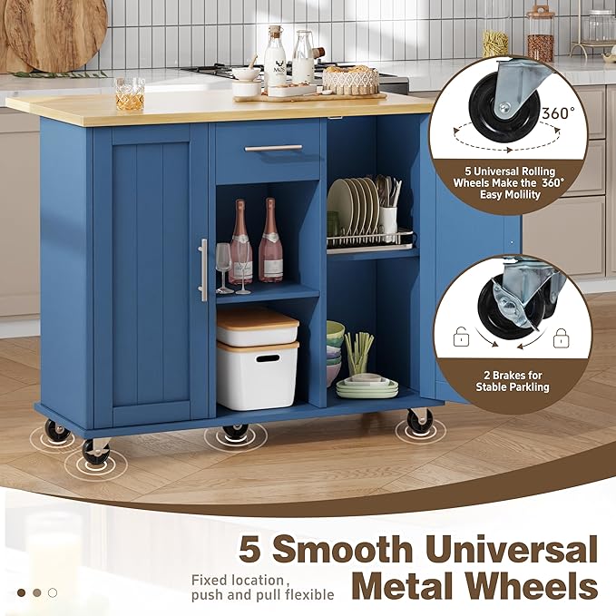 Shintenchi Kitchen Island with Storage, Bar Cart Cabinet Island Table on Wheels - Image 6