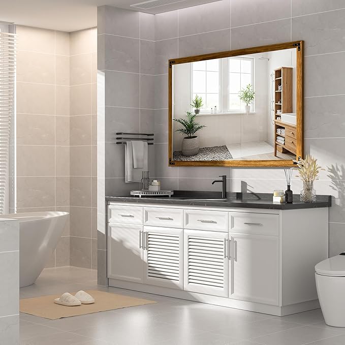 Hasipu Farmhouse Bathroom Mirror, Walnut Vintage Vanity Mirror Modern Farmhouse - Image 3