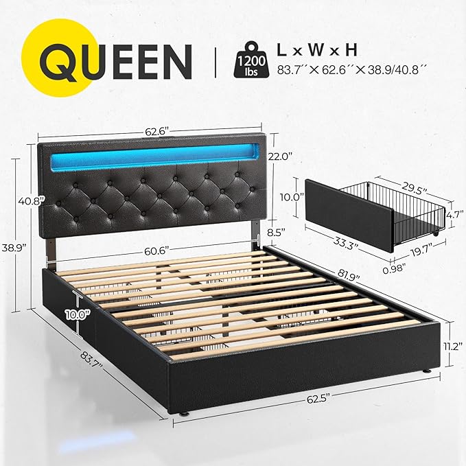 Rolanstar Queen Bed Frame with 4 Storage Drawers and Charging Station, Queen - Image 3