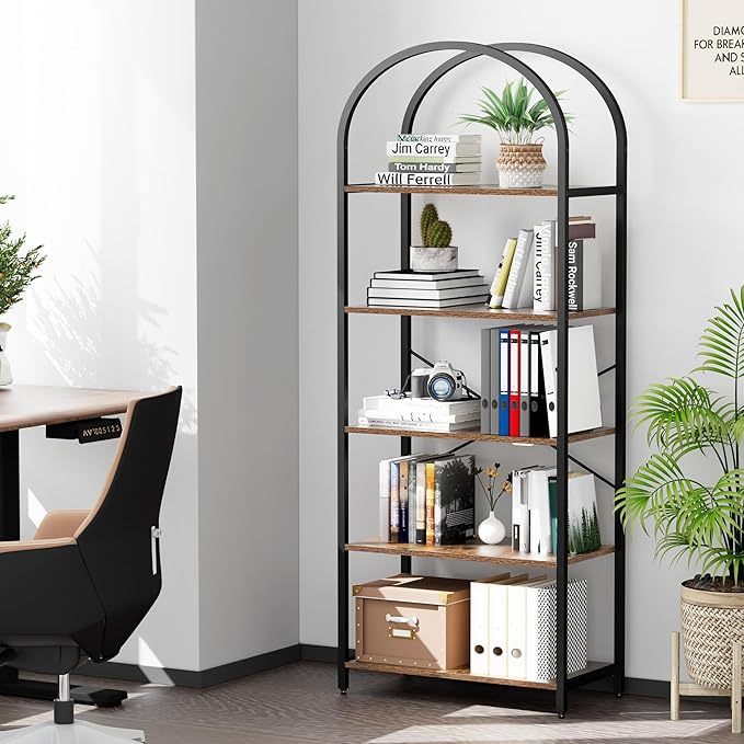 Homhedy 5-Tier Bookshelf Arched Display Racks, Wood and Metal Bookcase - Image 3