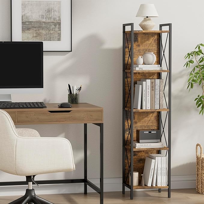 Homhedy 5 Tier Bookshelf Bookcase, Tall Narrow Bookshelf - Image 2