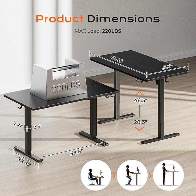 Huuger 48 x 28 Large Electric Standing Desk, Height Adjustable Desk, 27.6" Deep - Image 2