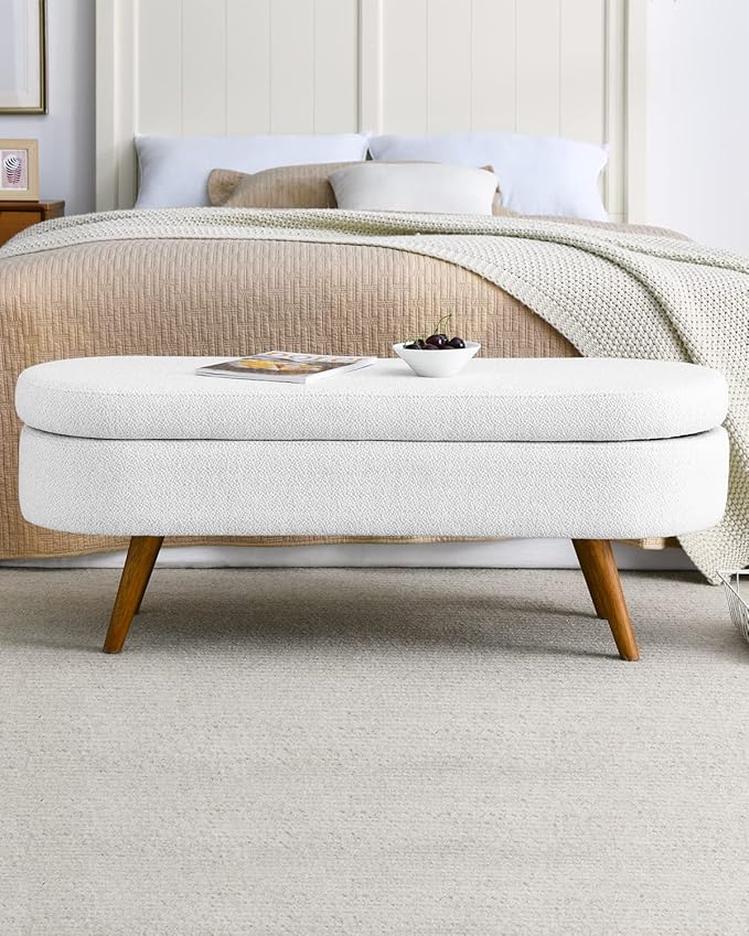Oval Storage Bench 43.5" Linen Fabric Upholstered Entryway Bench - Image 6