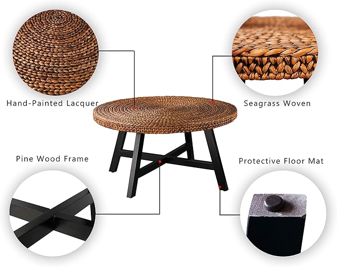 RANDEFURN Round Coffee Table, Seagrass Coffee Solid Pine Wood X Base Frame - Image 7