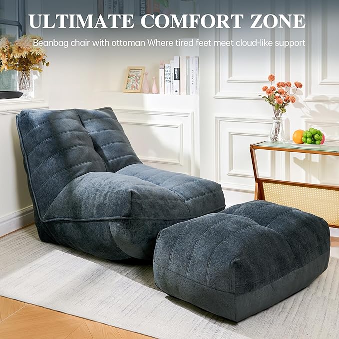 Bean Bag Chair with Ottoman, Comfy Bean Bag Sofa with Memory Foam, Lazy BeanBag - Image 6