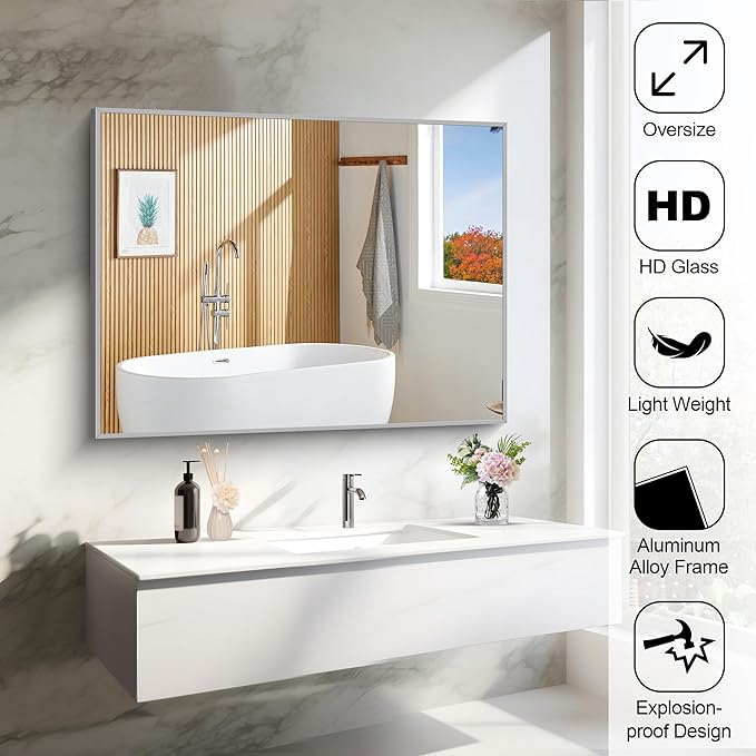 30x40In Silver Bathroom Mirror for Wall, Brushed Nickel Rectangle Mirrors - Image 4