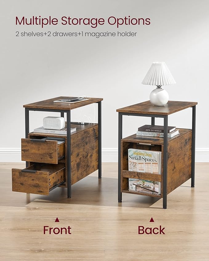 VASAGLE Side Table with Charging Station, Narrow End Table with 2 Drawers - Image 5
