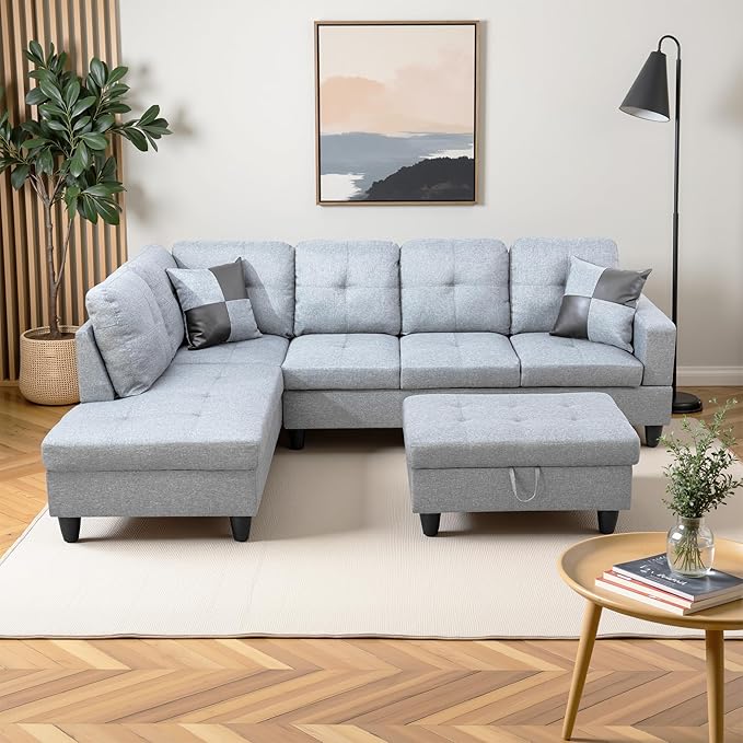 L Shaped Couch Modern Sectional Couch Upholstered Linen Fabric 3 Pieces Sofas by LynginsCreativeLife