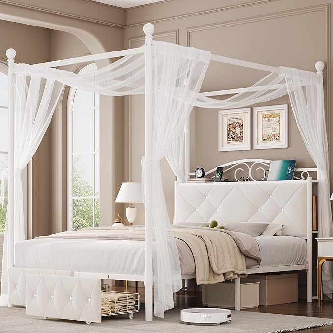 Full Upholstered Canopy Bed Frame by KeyluvHome