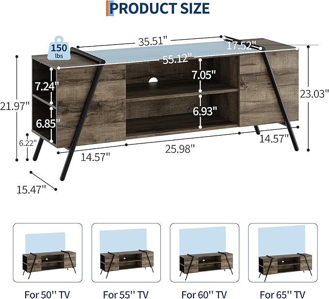 TV Stand for 65 60 55 50 Inch TV, Industrial Media Console Table for Living Room - Image 2
