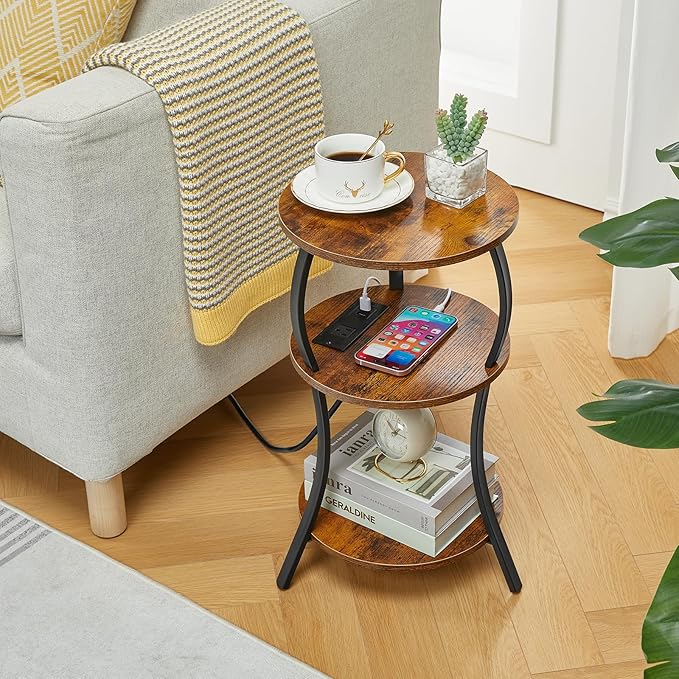 Small Round Side Table with Charging Station, 3-Tier Waist Circular End Table - Image 2