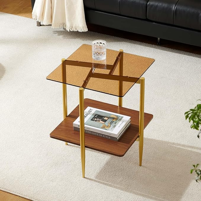 Square Glass End Table, Mid-Century Modern Sofa Table, L20*W20*H23 inch by PineFlicker